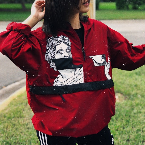 Vintage Red Windbreaker, Custom Hand painted Art - Picture 2 of 6